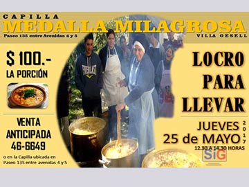 Afiche promocional del locro del 25, a beneficio de la Capilla Medalla Milagrosa